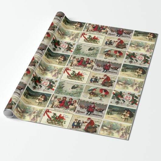 Kerst Vintage Kaarten Santa Claus Collage Cadeaupapier (Uitgerold)