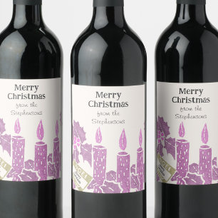 Kerst Vintage Linoleum Snede Afdruk Roze Kaarsen Wijn Etiket