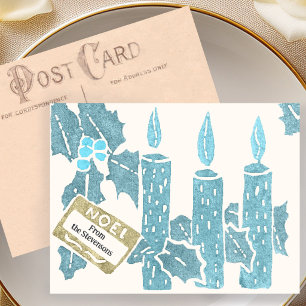 Kerst Vintage Linoleumdruk Blauwe Kaarsen  Briefkaart
