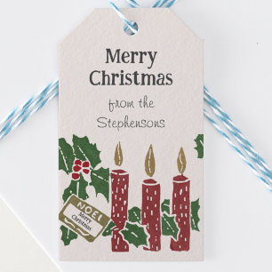 Kerst Vintage Linoleumdruk Kaarsen Briefkaart Cadeaulabel