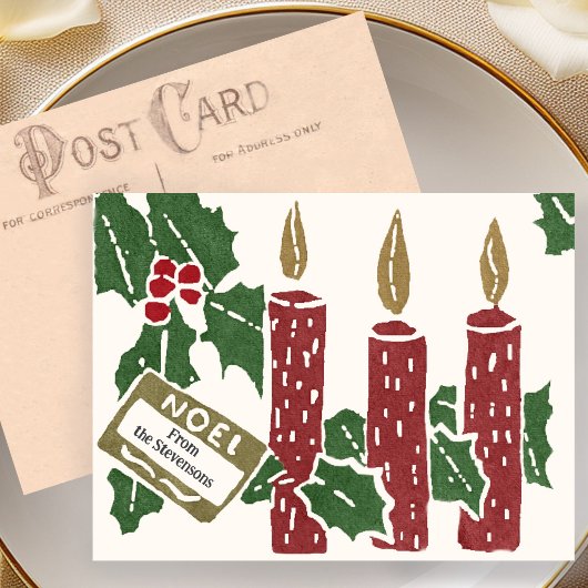 Kerst Vintage Linoleumdruk Kaart Kaarsen