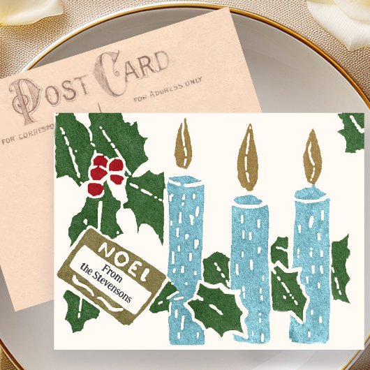 Kerst Vintage Linoleumdruk Kaart Kaarsen