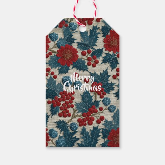 Kerst Vintage Rode Bes Botanische Linnen Cadeaulabel (Voorkant)