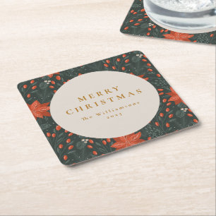 Kerst Vintage Rode Botanische Groene Custom Kartonnen Onderzetters