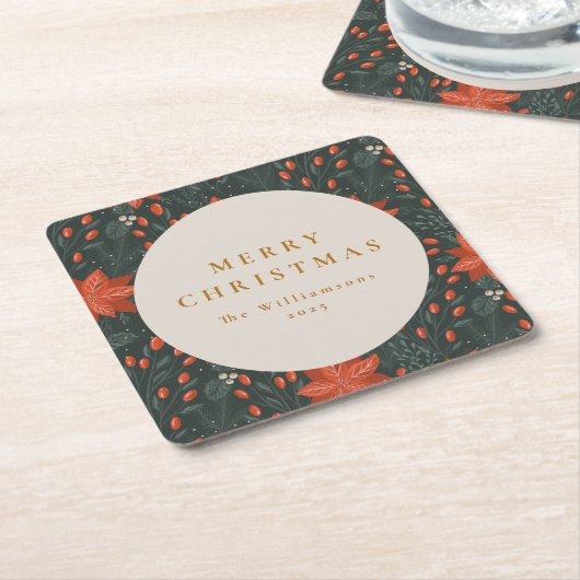 Kerst Vintage Rode Botanische Groene Custom Kartonnen Onderzetters (Schuin)