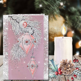 Kerst Vintage Roze Ornamenten Zilver Glitters Kaart