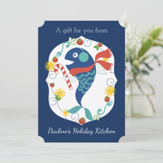 Kerst vis snoep rieten chef-kok catering restauran feestdagenkaart (Staand voorkant)