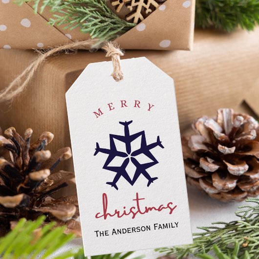 Kerst Vliegtuig Sneeuwvlok Foto Grappig Luchtvaart Cadeaulabel