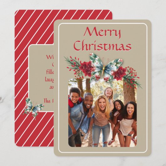 Kerst Vlinder Poinsettia Foto Feestdagenkaart (Voorkant / Achterkant)