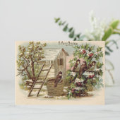 Kerst Vogel Hulst Sneeuw Ladder Oogst Kaart (Staand voorkant)