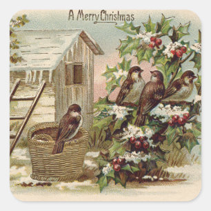 Kerst Vogel Hulst Sneeuw Ladder Oogst Vierkante Sticker