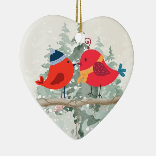 Kerst Vogel Koppel- Keramische Hart Ornament (Rechts)