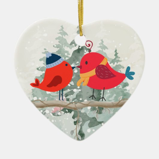 Kerst Vogel Koppel- Keramische Hart Ornament (Voorkant)