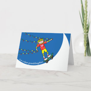 Kerst voor kleindochter, skateboarder & verlichtin feestdagen kaart