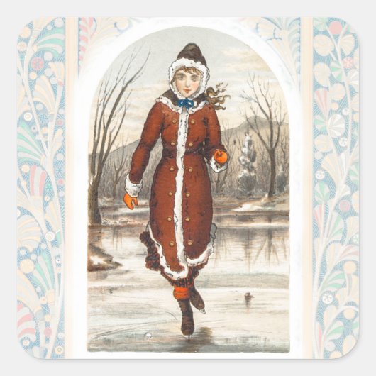  kerst voor vrouwen met ijsschaatsen (1865-1899) vierkante sticker (Voorkant)