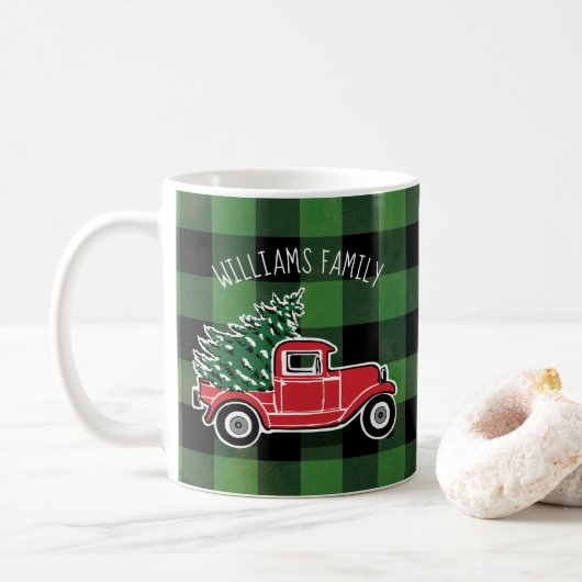 Kerst  Vrachtwagen Familienaam Buffalo Plaid Koffiemok (Met donut)