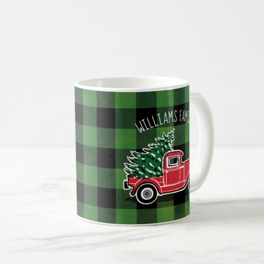 Kerst  Vrachtwagen Familienaam Buffalo Plaid Koffiemok (Voorkant rechts)