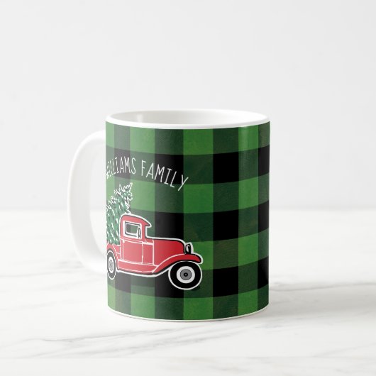 Kerst  Vrachtwagen Familienaam Buffalo Plaid Koffiemok (Voorkant links)