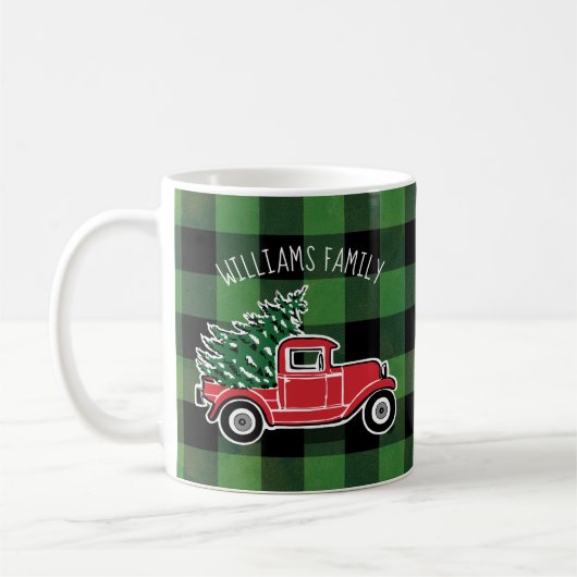 Kerst  Vrachtwagen Familienaam Buffalo Plaid Koffiemok (Links)