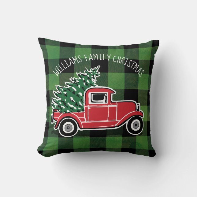 Kerst  Vrachtwagen Familienaam Buffalo Plaid Kussen (Voorkant)