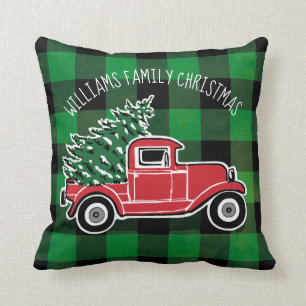 Kerst Vrachtwagen Familienaam Buffalo Plaid Kussen