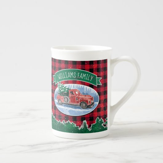 Kerst Vrachtwagen Rode Buffel Check Monogram Porselein Kop (Rechts)