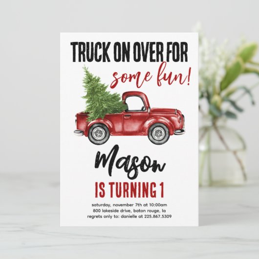 Kerst Vrachtwagen Winter Eerste Verjaardag Uitnodi Kaart (Staand voorkant)