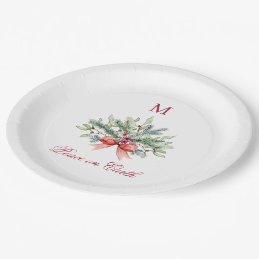 Kerst Vrede op Aarde Rood Monogram Groen Papieren Bordje (Gekanteld)