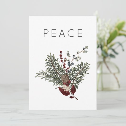 Kerst Vrede Rustieke Minimal Holly Greenery Feestdagenkaart (Staand voorkant)