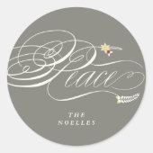 Kerst Vrede Script Calligrafie Loofwerk Klassiek Ronde Sticker (Voorkant)