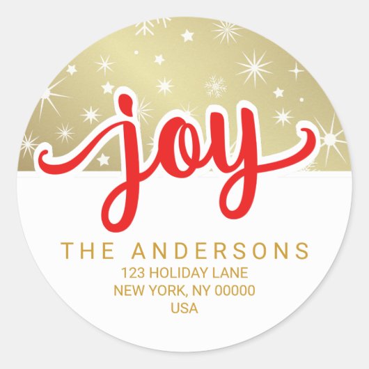 Kerst Vreugde Rood en Goud Handgeschreven Adres Ronde Sticker (Voorkant)