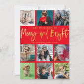 Kerst vrolijk en helder rood faux goud 9 foto feestdagenkaart (Voorkant)