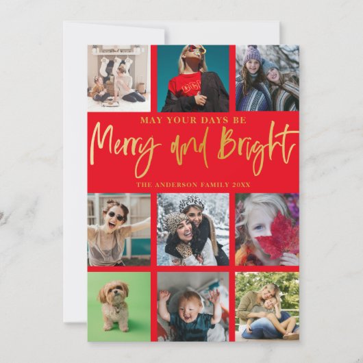 Kerst vrolijk en helder rood faux goud 9 foto feestdagenkaart (Voorkant)