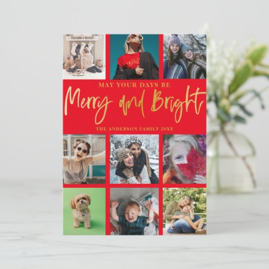 Kerst vrolijk en helder rood faux goud 9 foto feestdagenkaart (Staand voorkant)