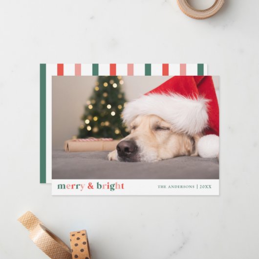 Kerst Vrolijk en Helder Roze Rood Groen Foto Notitiekaartje (Voorkant / Achterkant in situ)