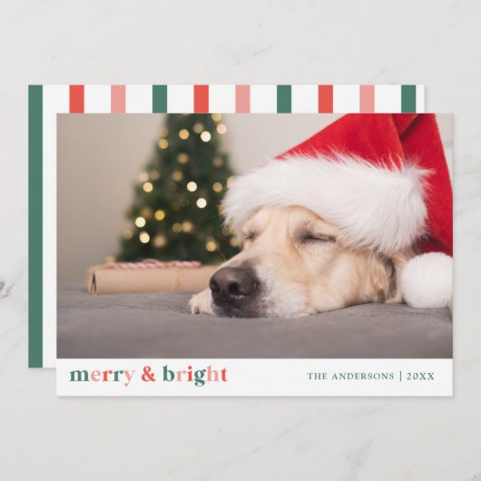 Kerst Vrolijk en Helder Roze Rood Groen Foto Notitiekaartje (Voorkant / Achterkant)