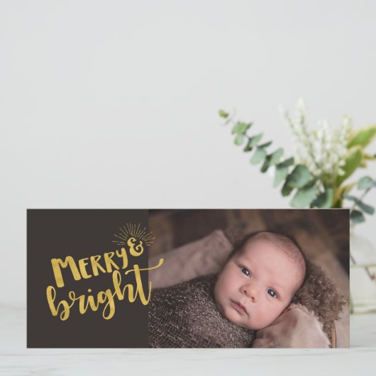 Kerst Vrolijk Helder Gouden Folie Typografie Foto Feestdagenkaart (Staand voorkant)