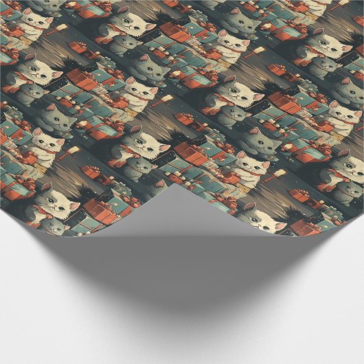Kerst Vrolijk Katten Patroon Cadeaupapier (Hoek)