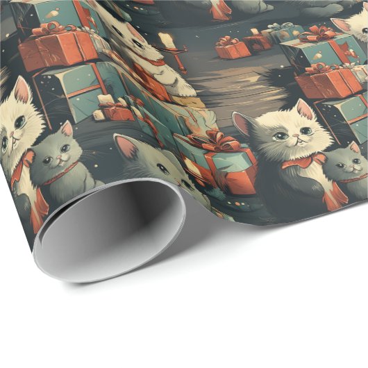 Kerst Vrolijk Katten Patroon Cadeaupapier (Rol Hoek)