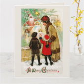 Kerst Vrouw & kinderen etalage winkelen Kaart (Gele Bloem)