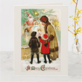 Kerst  Vrouw & kinderen etalage winkelen Kaart (Gele Bloem)