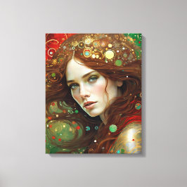 Kerst Vrouw Kunst Nuevo in Goud Rood Groen Canvas Afdruk