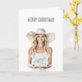 Kerst Vrouw met cadeau Kaart (Gele Bloem)