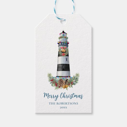 Kerst Vuurtoren Nautische Waterverf Cadeaulabel (Voorkant)