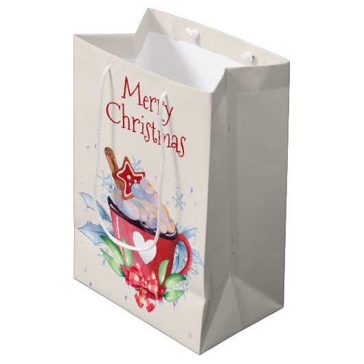 Kerst warm chocolademelk op ivoorwit medium cadeauzakje (Voorkant Gekanteld)