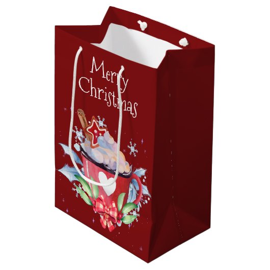 Kerst warm chocolademelk op rood medium cadeauzakje (Voorkant Gekanteld)