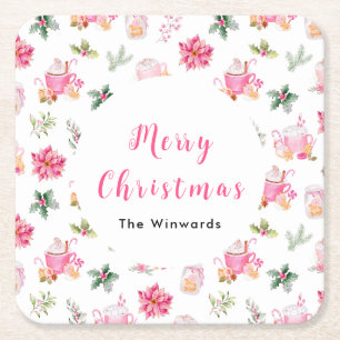 Kerst warm drank en roze poinsettia's kartonnen onderzetters