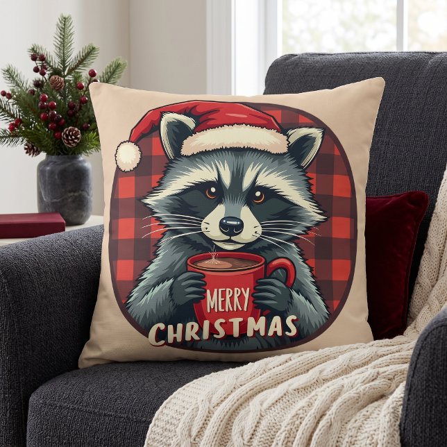 Kerst Wasbeer Cacaocheer Kussen (Christmas Raccoon Cocoa Cheer Throw Pillow)