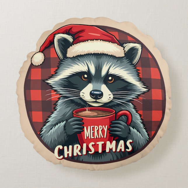 Kerst Wasbeer Cacaocheer Rond Kussen (Voorkant)