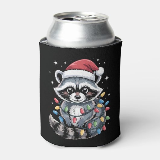 Kerst Wasbeer Kerstmuts Slingerlichten Winter Blikjeskoeler (Blikje Voorkant)